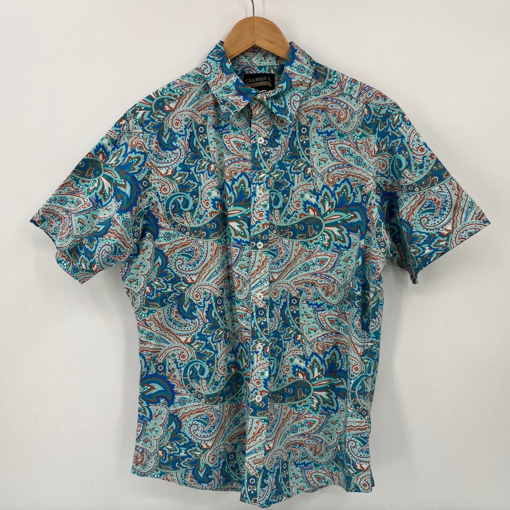 Cremieux Premium Denim Men Size L Blue Orange Paisley Stretch Button Down Shirt